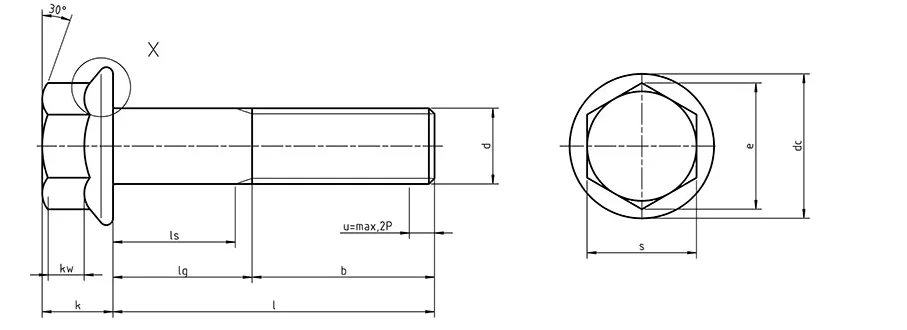 Dimensions of DIN 6921 - hexagon flange bolt