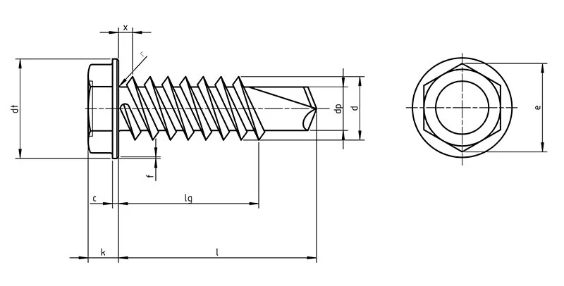 Dimensions of DIN 7504K drilling screw hex