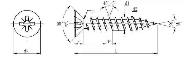 Dimensions of DIN 7505 chipboard screw