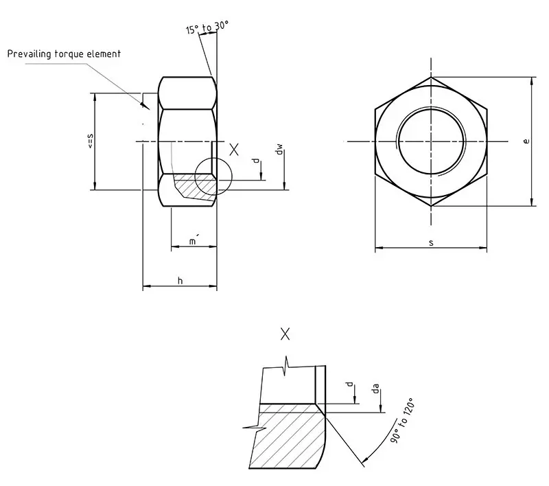 Dimensions of metal insert lock nut DIN 980